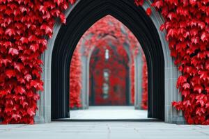 Old stone archway enveloped in vibrant red ivy leading into an enchanting forest with a gothic aura and mysterious charm photo