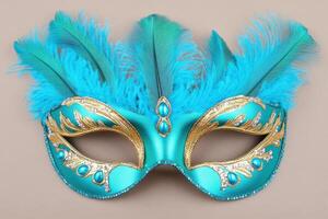 Mysterious masquerade mask featuring luxurious turquoise gemstones and vibrant feathers designed in Venetian style photo