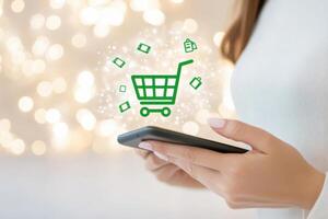 Woman engages in online shopping using smartphone, exploring discounts and offers with a floating shopping cart in a modern e-commerce environment photo