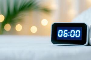 Close-up view of bedside digital alarm clock displaying six oclock in a soft morning atmosphere with blurred background photo