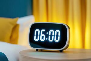 Sleek black digital alarm clock displaying bright LED time in soft morning light on a wooden nightstand photo