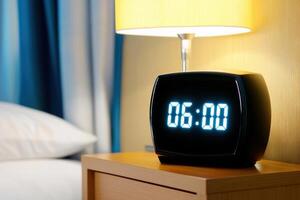 Modern digital alarm clock displaying bright LED time on wooden nightstand with soft morning light illuminating the room photo