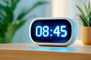 Futuristic holographic alarm clock displaying glowing blue numbers at smart desk with modern design elements in a bright environment photo