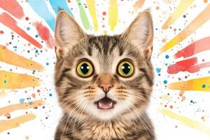 Surprised cat with vibrant colors and meme-style humor perfect for online jokes and social media expressions photo