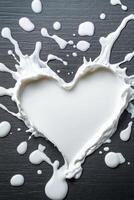 Artistic splash of milk forming an elegant heart shape on a dark background for a refined dairy advertisement photo