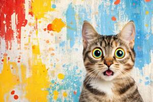 Surprised cat with vibrant background and meme-style expression perfect for social media jokes and illustrations photo