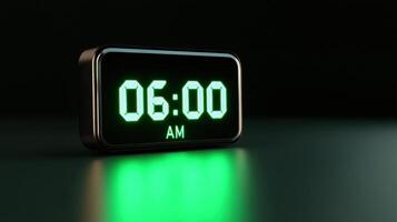Sleek digital alarm clock displays bright neon green digits at 06.00 AM with polished black frame in a modern setting photo