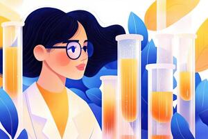 Scientist conducts research in laboratory with test tubes illuminated under navy lighting creating a vibrant atmosphere photo