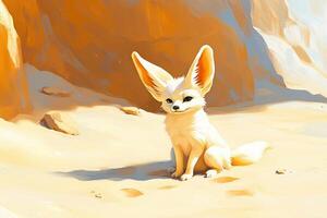 Fennec fox exploring warm terracotta sands in a desert landscape with curious expressions and oversized ears photo