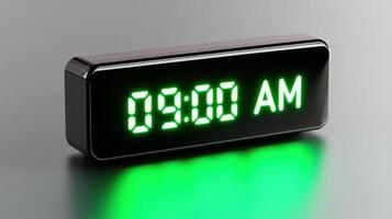 Sleek digital alarm clock displaying 09.00 AM with glowing neon green digits against a polished black background photo