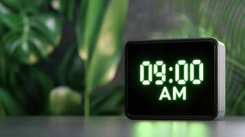 Sleek digital alarm clock displaying 09.00 AM in bright neon green from a low angle with polished black frame photo
