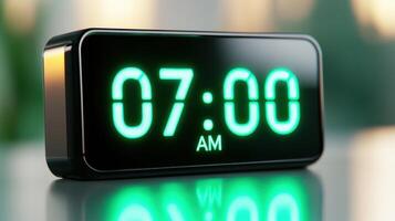 Sleek digital alarm clock displaying 07.00 AM with glowing neon green numbers and polished black frame in a modern setting photo