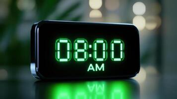 Sleek digital alarm clock displays 08.00 AM in vibrant green, viewed from a low angle on a polished surface in a modern environment photo