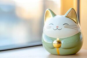 Cute ceramic cat figurine sitting by the window with a smile and a golden bell, adding charm to the indoor decor during daylight hours photo