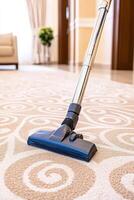 Professional carpet cleaning process in a modern living room setting during daylight hours photo