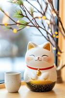 Ceramic cat figurine with a cheerful expression positioned near a window with twinkling lights and a delicate cup while surrounded by natural elements photo