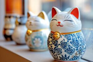 Maneki Neko figurines displayed on a windowsill during daylight, showcasing intricate designs and vibrant colors in a modern setting photo