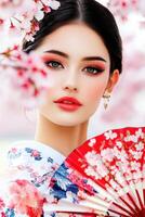 Beautiful model in traditional attire poses with a red fan amidst blossoming cherry trees during a sunny day in spring photo