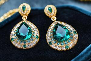 Elegant green gemstone earrings adorned with gold and diamonds displayed on a soft fabric surface in a warm lighting setting photo