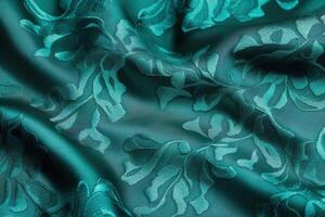 Textured teal fabric with elegant floral patterns showcasing intricate design and rich color vibrancy photo