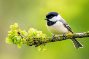 Charming bird perched on a mossy branch amidst vibrant green foliage in a serene natural setting photo