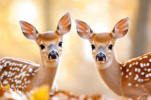 Two adorable fawns exploring a serene forest during autumn with colorful leaves scattered around photo