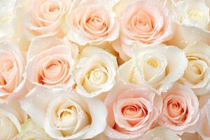 Freshly picked white and pink roses arranged beautifully with droplets of water adding a refreshing touch of elegance in soft colors photo