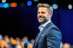 Keynote speaker confidently engaging audience in professional conference setting with wireless microphone photo