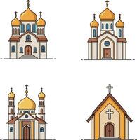Four unique church designs in flat style with domes and crosses showcasing diverse architecture in illustration vector