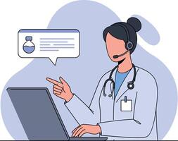 Doctor in a lab coat using a laptop with a headset in flat illustration vector