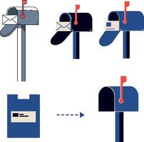 Mailbox design featuring multiple views in flat art style showcasing mail delivery process with outgoing messages vector