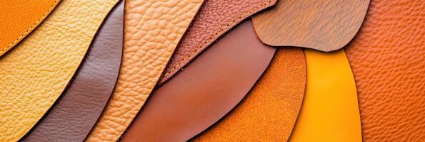Collection of leather swatches in various shades showcasing texture and color diversity for crafting and design purposes photo