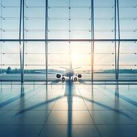 An airplane sitting in an airport terminal with the sun shining through the windows photo