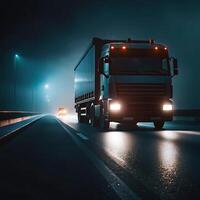 Heavyduty truck on a highway at night, shrouded in mist. photo