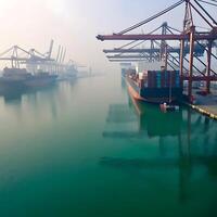 Container Ship Docked in a Foggy Port photo