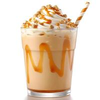 A caramel apple frappuccino with whipped cream and caramel drizzle photo