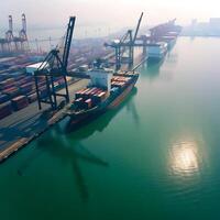 An aerial view of a port with cargo containers photo