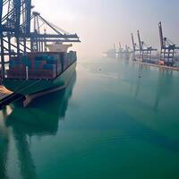 Large cargo ship docked at a busy port. photo