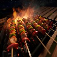 A grill with skewers on it and meat on it photo