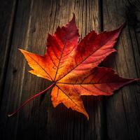 Vibrant Autumn Maple Leaf on Rustic Wooden Surface A Stunning Fall photo