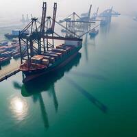 Aerial View of Container Ship Docked at Port photo