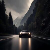 Night Drive Through Majestic Mountains in a Sleek Sports Car photo