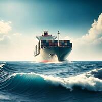 Large Container Ship Navigating Rough Seas During Daytime photo