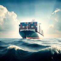 Large Container Ship Sailing on a Rough Ocean Under a Cloudy Sky photo