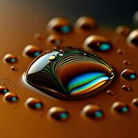 Macro Photography of a Large Water Droplet Showing Iridescent Rainbow Colors Surrounded by Smaller Water Droplets on a Brown Surface photo