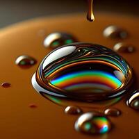 Macro Photography of a Rainbow Shimmering Oil Drop on Brown Liquid Surface with Surrounding Smaller Bubbles photo