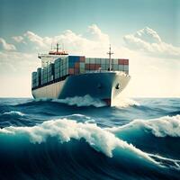Large Container Ship Navigating Rough Ocean Waves during Daytime photo