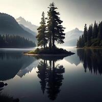 Serene Mountain Lake with Island and Majestic Reflection of Trees photo