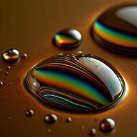 Macro Photography of Vibrant Rainbow Colored Oil Droplets on a Dark Brown Surface photo