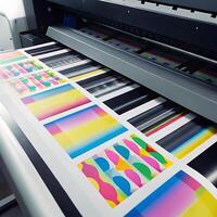 Large Format Digital Printing Machine Producing Vibrant Color Test Prints photo